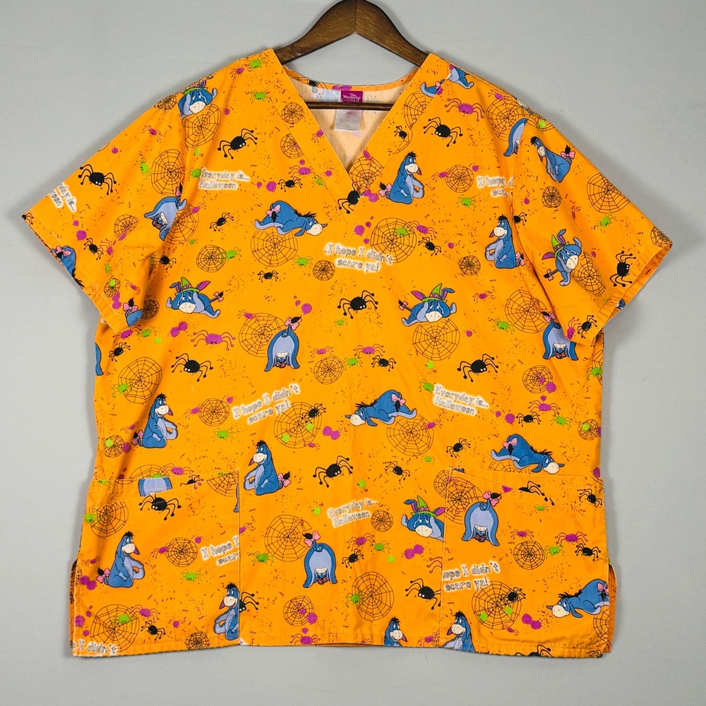 Disney Eeyore Halloween Scrub Top Womens XL Orange NWOT Spiders Web V-Neck